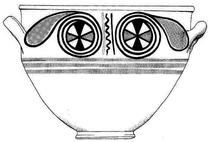 Philistine vessel fr Ashkelon, circa 12th Cent BCE, fr Stager ed 'Ashkelon' Vol 1 Fig 15-33-3 p 268