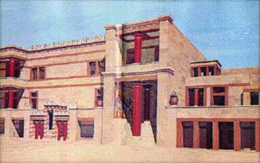 Knossos central court reconstructed west side fr Pillar Crypts to Throne Room outer doors
