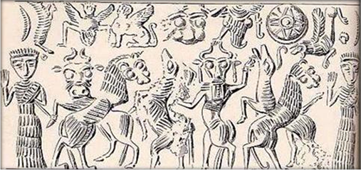 Sumerian seal detail, found at Knossos, dated 1700-1600s BCE.JPG