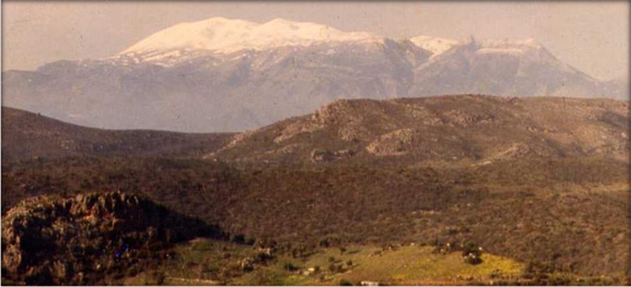 Crete, central mountains fr south, horns of Mt Ida at right, Idaean Cave in center of north face.JPG