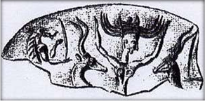 Pylos Late IIIA sealing, CMSI, 379; F in 'snake frame' headdress with Labrys, fr Rehak 1995c, 225.jpg
