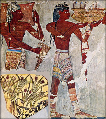 Keftiu as painted in Egypt, with insert, 'Hathor as cow emerging from rushes,' fresco fragment.JPG